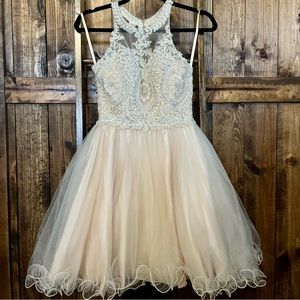 XS Cinderella Divine short formal dress. Tan/gold color.